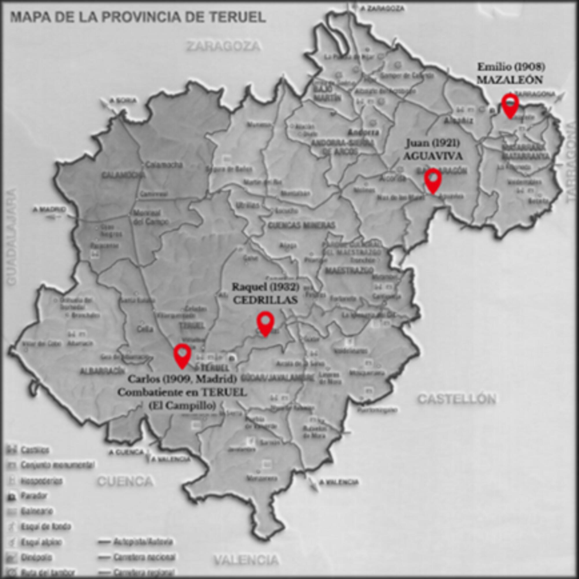 Mapa de las ubicaciones de Carlos, Raquel, Juan y Emilio en la provincia de Teruel
